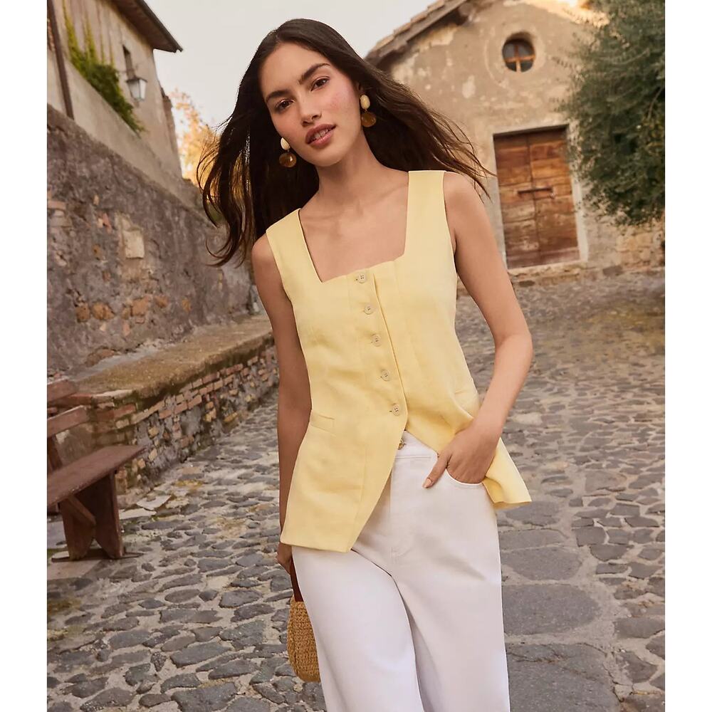 LOFT NEW Soft Yellow Linen-Blend Square-Neck Front-Split Vest Top Womens XXL